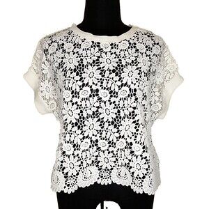 NWT Zara Floral lace White Lace Crop Top Women’s Size S oversized knit sleeve T9